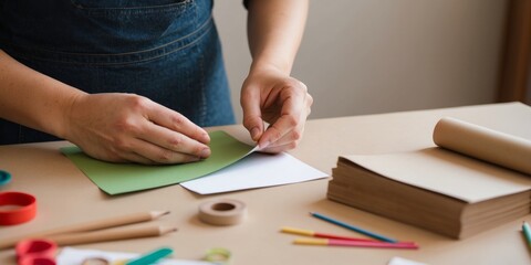 Hands folding green paper next to craft materials on a table, clearly in the middle of an art project