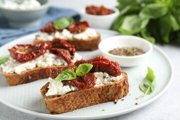 Delicious ricotta bruschettas with sun dried tomatoes, basil and milled pepper on light table, closeup