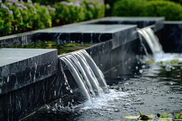 A black stone slab with a water flow coming out of it