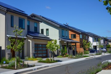 Modern Sustainable Residential Street with Solar Panel Homes Promoting Green Lifestyle
