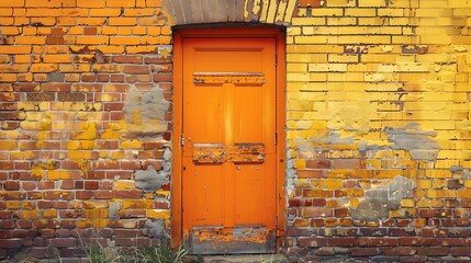 Colourful orange door in an old brick wall backstreet entrance with vintage yellow background very detailed and realistic shape