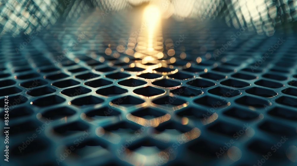 Aufkleber close up image of a metallic mesh with a blurred background