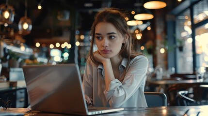 Businesswoman with a laptop in a cafe