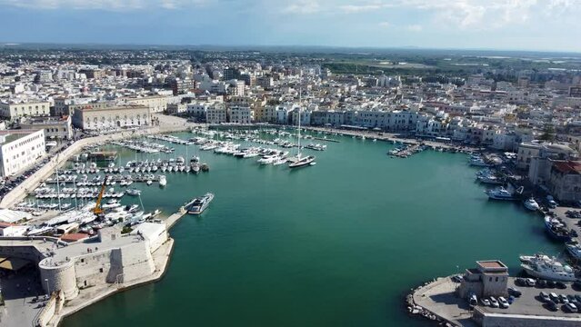 4K drone footage of the harbour and Cathedral at Trani, located in the Apulia region of southern Italy