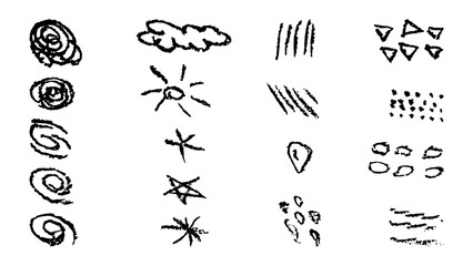 Obraz premium Doodles with the texture of charcoal pencil. Set elements imitating child drawing. Spiral star cloud sun. Doodles abstract shapes. Vector illustration.