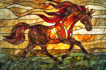 Stained glass horse running in a field, earthy tones, Art Deco style, strong and dynamic