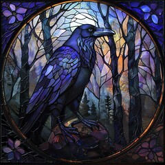 Stained glass raven in a mystical forest, dark hues, Gothic style, eerie and intricate