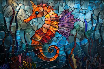 Stained glass seahorse in an underwater scene, cool tones, contemporary style, fluid and detailed