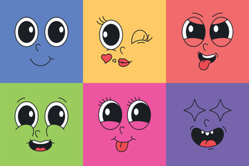 Cartoon retro emotions of different facial expressions. Cheerful emotion mascot symbol. 60s animation design elements. Vector illustration