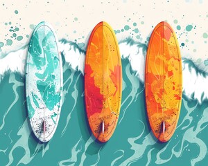 Surfboards in flat design top view ocean waves theme water color vivid