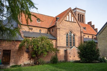 Building and tower of Sankt Laurentii Church (Sankt Laurentii Kirke) in Roskilde, Denmark
