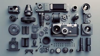 Fototapeta premium Film camera components and lenses on old grey background very detailed and realistic shape