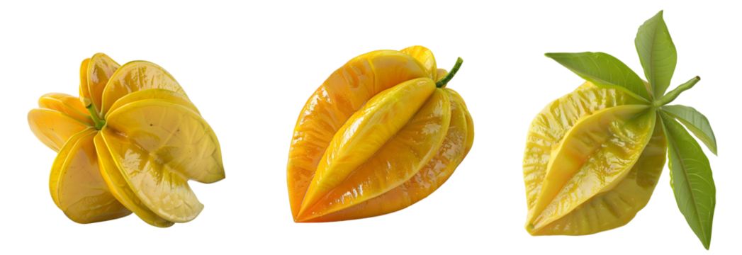 Ripe and Juicy Starfruit with Green Leaves on Transparent Background