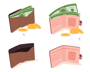 Man and woman wallets with cash and empty. Leather accessories for storing cash and credit cards. Stylish wallets. Vector illustration