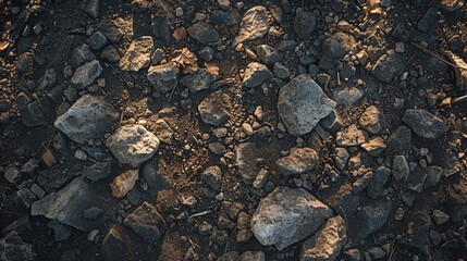 A close-up of a rocky ground with various sized stones. The stones are a mix of gray, brown, and black. The background is out of focus.