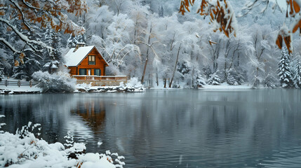 Obraz premium Winter Wonderland Cabin by a Frozen Lake - Realistic Image
