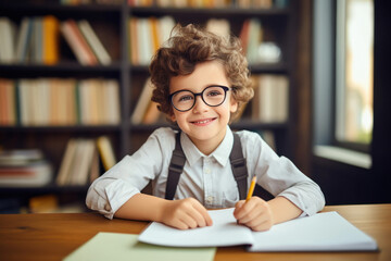 little kid boy with glasses at home making homework, writing and learning.