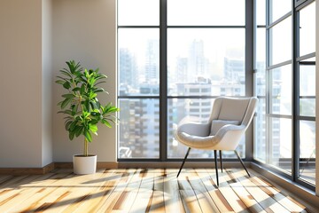 A comfortable armchair sits near a large window overlooking a cityscape. Sunlight streams through the window, illuminating the room.  A potted plant adds a touch of greenery.