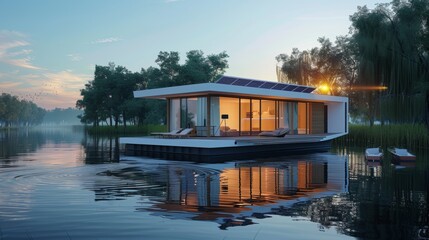 Modern Solar-Powered Floating House on Tranquil Lake for Sustainable Living