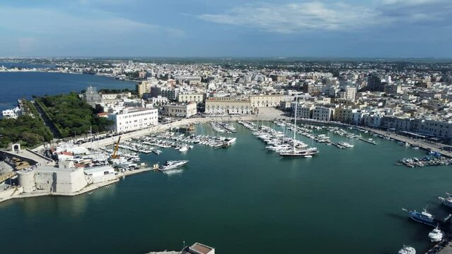 4K drone footage of the harbour and Cathedral at Trani, located in the Apulia region of southern Italy