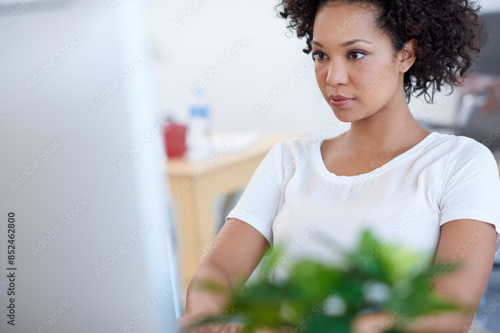 Poster problem solving, modern office or african woman on computer for project development or startup compa