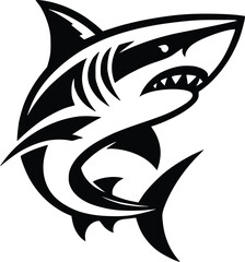 Obraz premium modern and simple shark silhouette, a negatively spaced shark in black color icon vector temple, export wild shark 