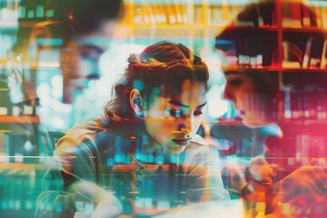 A group of people working together in a vibrant, digital space.  The image is full of energy and creativity.