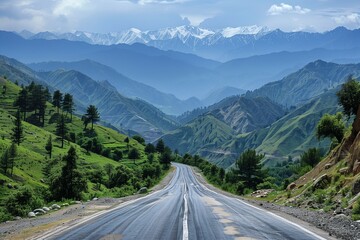 Beautiful road winds through stunning complicated mountains.