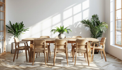 modern dining room interior with a wooden table and chairs near a window on a white wall background