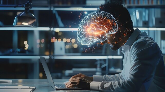 A man works on a laptop with a glowing brain above his head, symbolizing intelligence and innovation.
