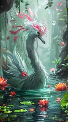 Fototapeta premium Closeup photography, Polluted waters hosting resilient life forms, hinting at nature's enduring presence akin to the phoenix's timeless immortality.,