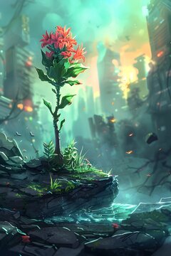 2D Illustrate, Poisonous plants blooming in a post-apocalyptic landscape, a paradoxical scene reminiscent of the phoenix's resurrection from toxic origins.,