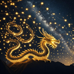 Obraz premium Fireflies swarming in the shape of a European dragon against a dark night sky