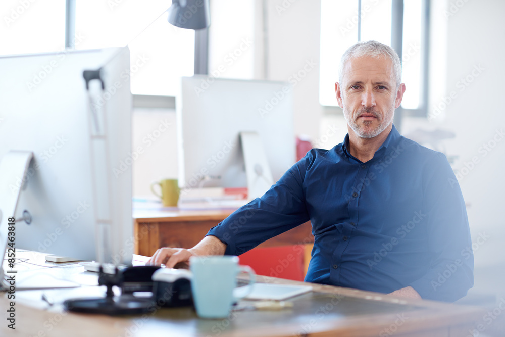Poster Mature, portrait or man on computer for problem solving, project solution or online troubleshooting. Startup, engineering upgrade or confident web developer thinking of information technology system