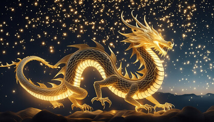 Fototapeta premium Fireflies swarming in the shape of a European dragon against a dark night sky