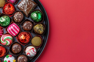 A tray of assorted holiday candies and chocolates in festive wrappers