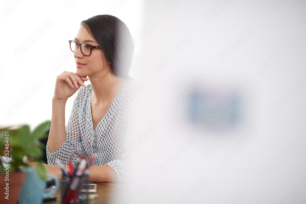 Poster Thinking, office or web designer or woman in startup for digital project development or problem solving. Solution, computer and person reading update on technology in creative agency and business