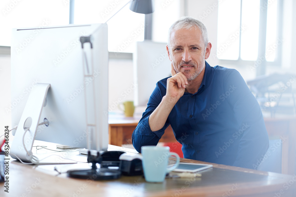 Aufkleber Mature, portrait or man on computer for solution, problem solving or online project troubleshooting. Startup, engineering upgrade or confident web developer thinking of information technology system