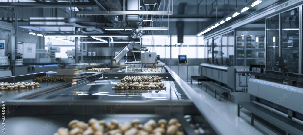 Poster advanced automated mushroom farm with robots harvesting and packaging in sterile environment