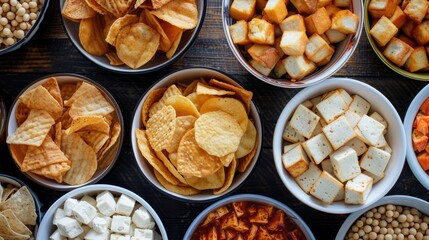 Fototapeta premium A selection of snacks including chips and tofu