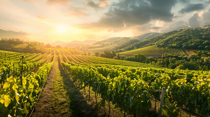 Naklejka premium Vineyard Landscape Photo with Sunset and Mountains