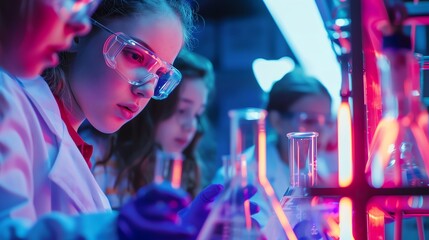Fototapeta premium Young female scientists working in a laboratory, conducting experiments and research under colorful neon lights.