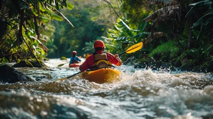 Adventurous Kayaking on Rapid River Surrounded by Lush Greenery for Outdoor Enthusiast Posters