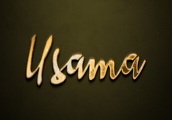 Old gold text effect of name Usama with 3D glossy style Mockup.