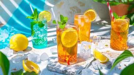 Two Glasses of Iced Tea Garnished with Lemon and Mint