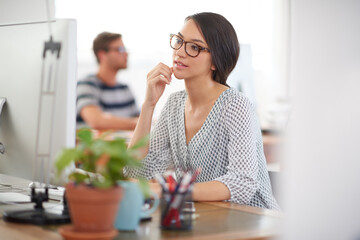 Creative, thinking or woman on computer for solution, problem solving or online firewall....