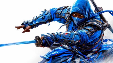 ninja in blue clothes with a sword on a white background