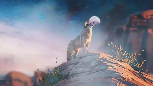 coyotes on a stunning hillside backdrop. seamless looping time lapse virtual 4k video animation background.
