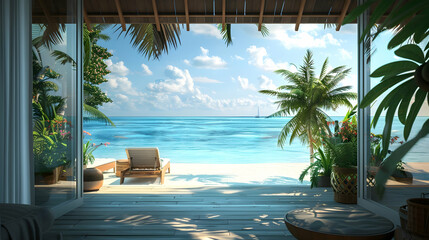 Tropical Beach Bungalow with View of Ocean and Palm Trees - 3D Illustration