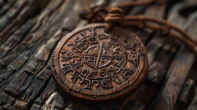 Wooden necklace with intricate carvings, featuring runes and symbols.